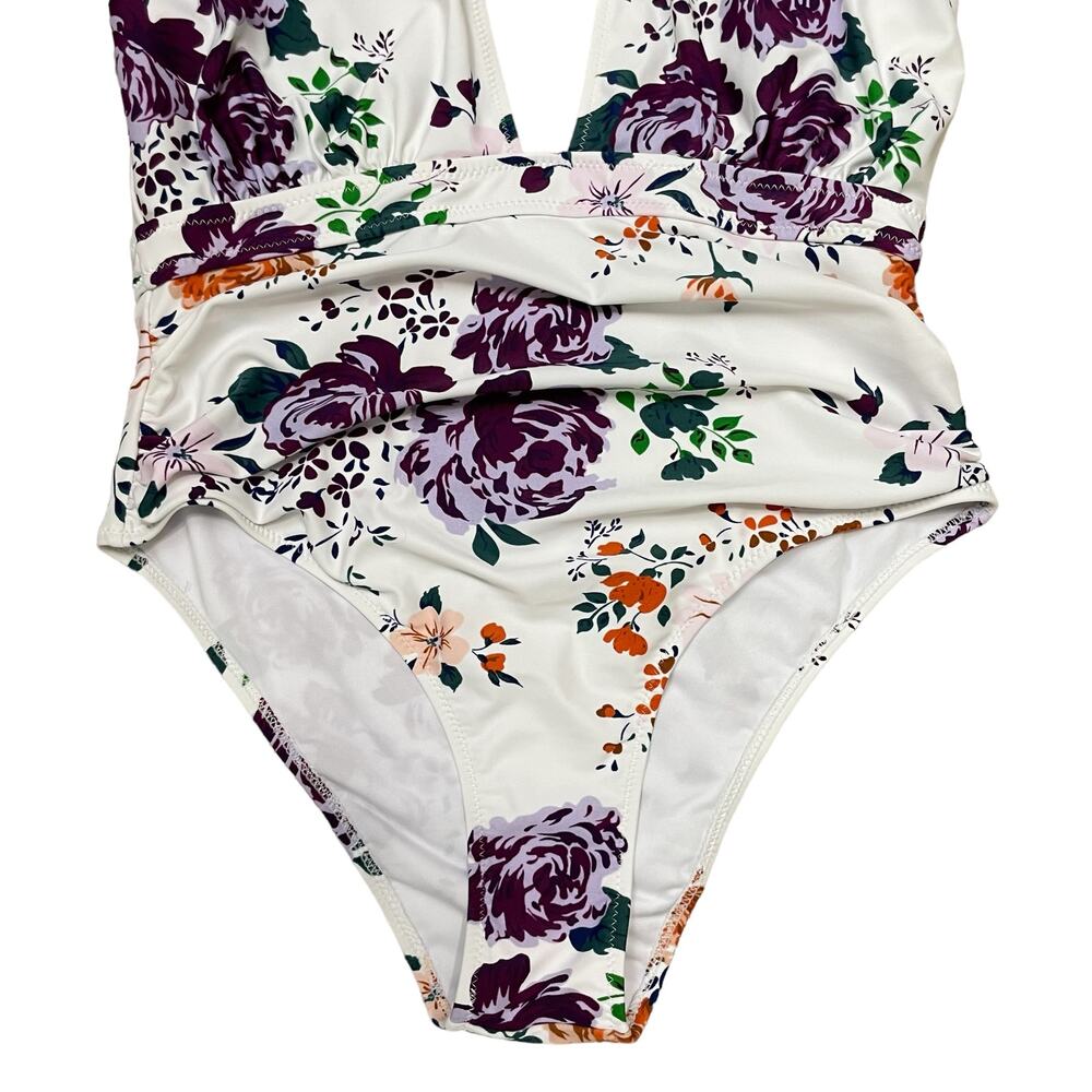 Cupshe | NWT White Floral Print Ruched Halter Cross Cutout One-Piece Swimsuit - Picture 5 of 12